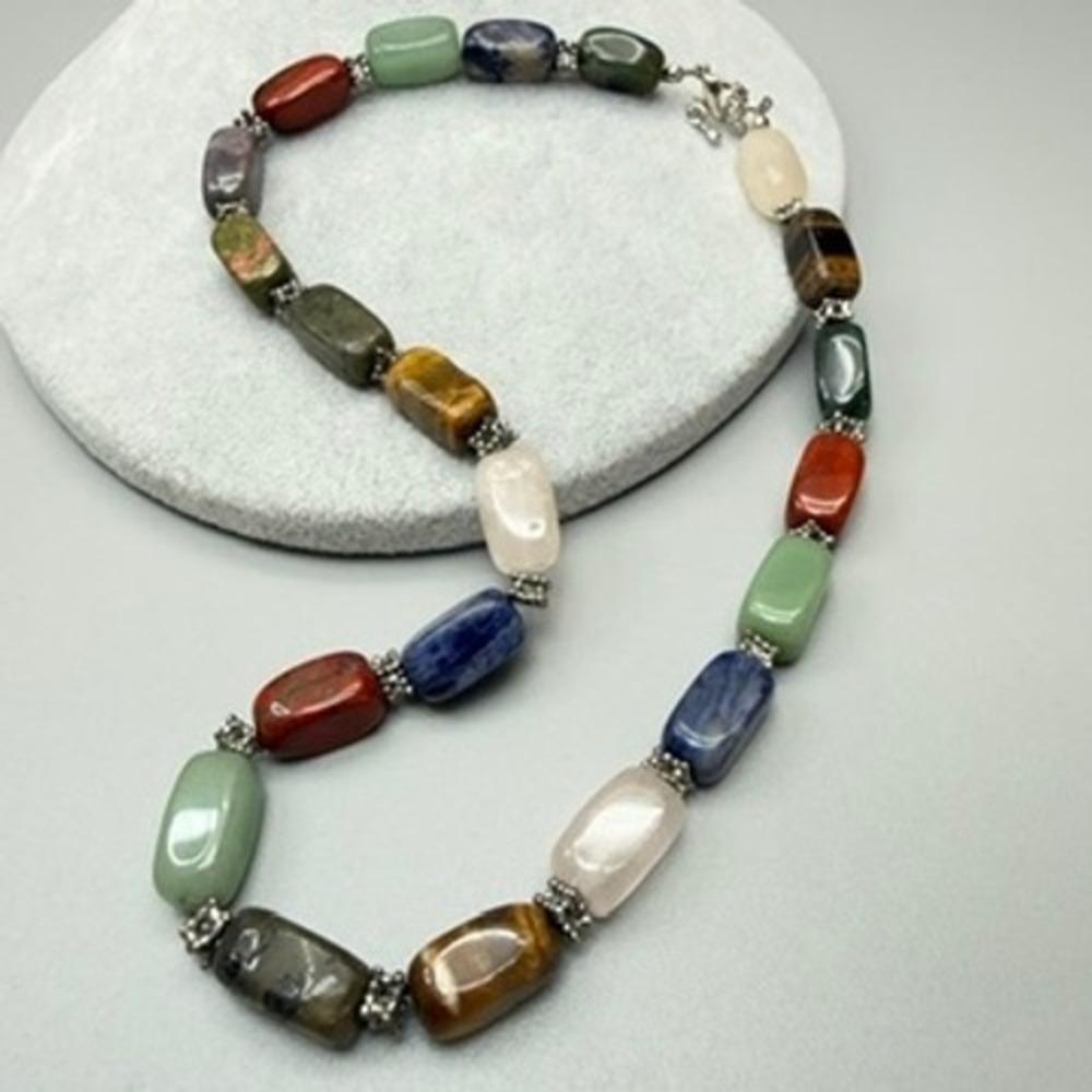 Polished Stone Beggars Bead Necklace‎ 18" Multicolor Boho Earthy
